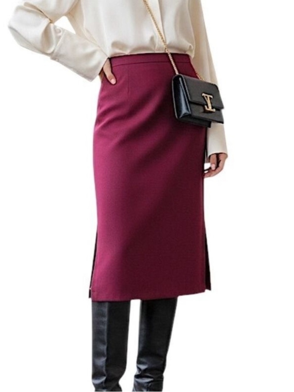 Vintage 70s a line burgundy double knit polyester old money retro midi skirt 14